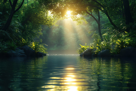 Golden rays of sunlight break through the lush greenery, illuminating a calm forest lake at dawn.の写真素材
