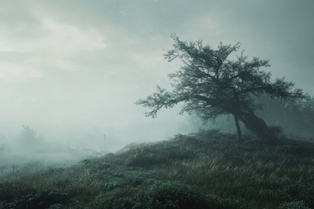 A solitary tree stands on a misty hill, surrounded by lush grass, capturing the calmness of dawn.の写真素材