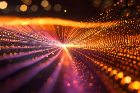 Vibrant patterns of light create an immersive digital landscape that captivates the viewer at night.の写真素材