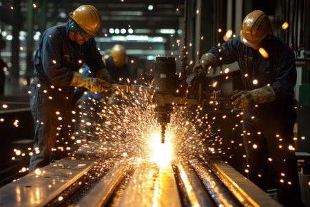 Two factory workers use machinery to cut metal sheets, generating bright sparks in a dimly lit workspace.の写真素材