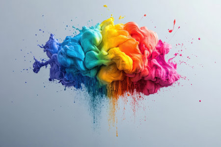 Bright, fluid colors merging and splattering create a stunning visual display of artistry.の写真素材