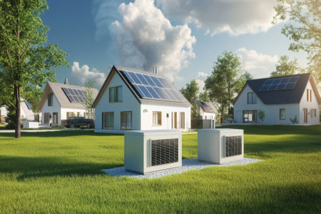 Two contemporary houses equipped with solar panels and energy units in a bright, landscaped area.の写真素材