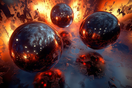 Multiple shiny spheres hover over a glowing, fiery background with an abstract texture, showing visual contrast.の写真素材