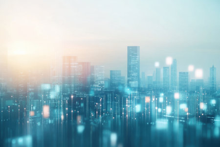 At twilight, a modern city skyline showcases illuminated buildings against a soft background glow.の写真素材