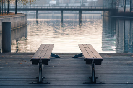Two wooden benches face a tranquil river, surrounded by soft morning light and stillness, inviting reflection.の写真素材