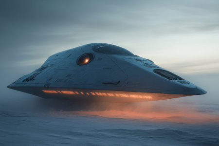 A sleek spacecraft floats above a snow-covered terrain, glowing softly in the dusk, surrounded by fog.の写真素材