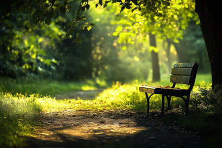 A bench rests in a serene park, illuminated by sunlight filtering through lush green trees in the afternoon.の写真素材