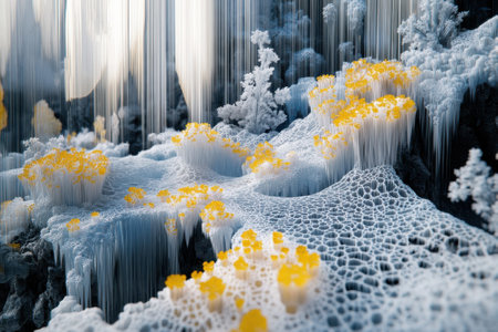 Unique frozen formations are adorned with vibrant yellow accents, creating a surreal winter wonderland.の写真素材