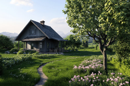A quaint house with a sloping roof sits in a vibrant garden filled with flowers and trees under a clear sky.の写真素材