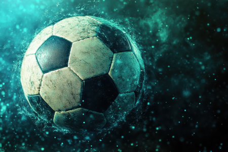 A soccer ball appears to be moving rapidly through a vibrant, blurred background filled with colors.の写真素材