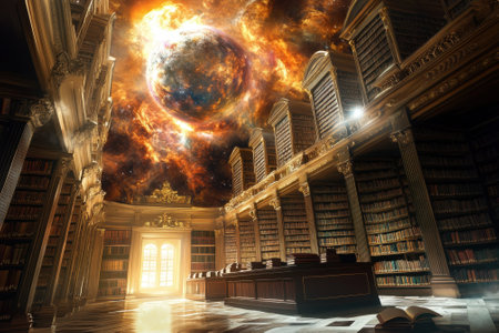 Books line the shelves in a grand library where a vivid cosmic scene unfolds above, merging knowledge with the universe.の写真素材