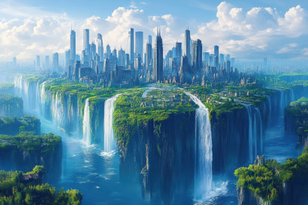 A vibrant cityscape features skyscrapers with waterfalls flowing into a river, amidst lush greenery.の写真素材