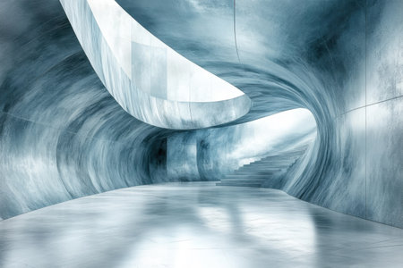 A sleek interior features flowing lines, illuminated spaces, and a sense of tranquility within the design.の写真素材