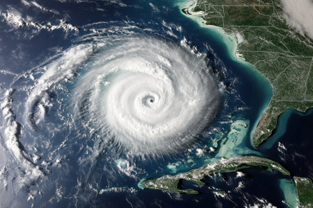 An intense hurricane is centered over the Atlantic, affecting coastal regions of the southeastern United States.の写真素材