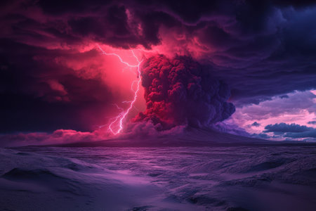 A powerful volcanic eruption fills the sky with dark clouds and bright lightning as it erupts at dusk.の写真素材