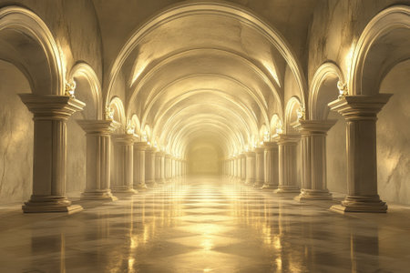 A vast hall showcases tall, luminous arches and polished marble flooring, creating a serene atmosphere.の写真素材
