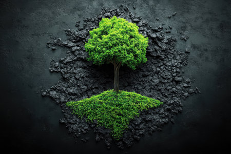 A lush green tree stands tall, breaking through dark, cracked earth, symbolizing resilience and growth.の写真素材