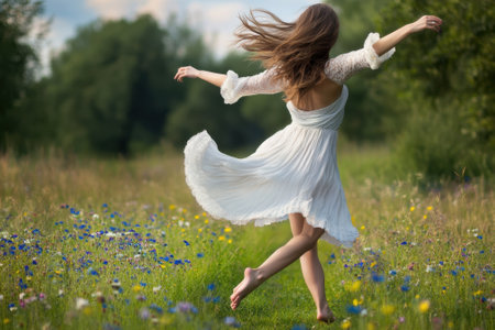 A joyful woman twirls in a flower-filled meadow, her white dress flowing as she embraces freedom and nature.の写真素材