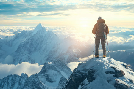 A solitary climber gazes at the stunning mountains, illuminated by the golden light of dawn.の写真素材