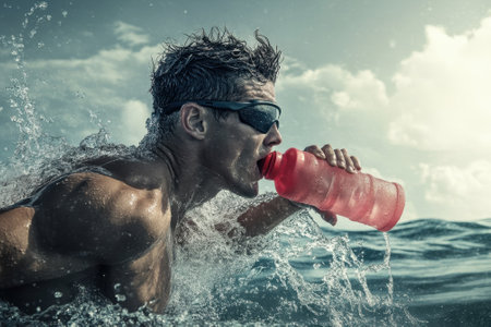 A swimmer takes a refreshing sip from a red water bottle while navigating ocean waves at sunset.の写真素材