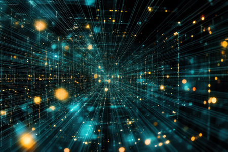 Colorful glowing lines and dots create a dynamic abstract space, conveying depth and movement through technology.の写真素材