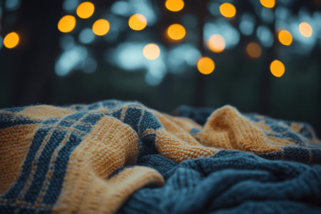 A soft, knitted blanket is elegantly placed on a table surrounded by warm string lights during dusk.の写真素材