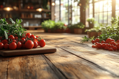 Bright red tomatoes are arranged on a wooden table with greenery and sunlight pouring in through windows.の写真素材