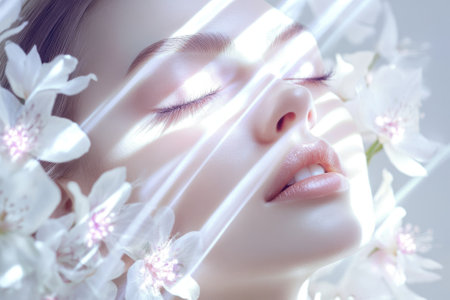 Soft rays of light illuminate a woman's face surrounded by delicate white flowers, creating a peaceful atmosphere.の写真素材