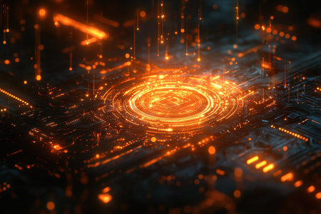 Intricate circuit patterns illuminated in orange against a deep blue background create a futuristic look.の写真素材