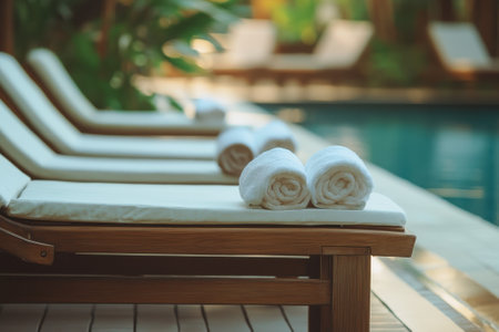 Plush loungers by a serene pool adorned with neatly rolled towels and lush tropical plants invite relaxation.の写真素材