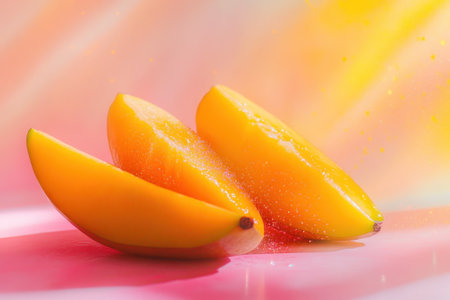Bright mango slices rest gracefully against a colorful backdrop, evoking a fresh and tropical atmosphere.の写真素材