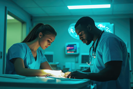 Two healthcare workers focus intently on their task in a darkened hospital environment, ensuring patient care.の写真素材