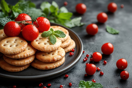 Delicious crackers topped with fresh tomatoes and mint leaves, creating a vibrant and appetizing display.の写真素材