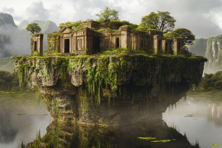 Majestic ancient ruins sit atop a floating island, surrounded by lush greenery and a tranquil lake.の写真素材