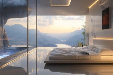 Sleek bedroom features large glass windows revealing a breathtaking mountain landscape at dawn.の写真素材