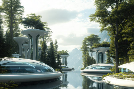 A tranquil waterway reflects futuristic architecture nestled among lush trees and mountains in the background.の写真素材