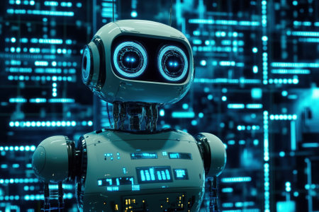 A small, friendly robot stands in front of a vibrant, high-tech digital backdrop filled with glowing circuitry.の写真素材