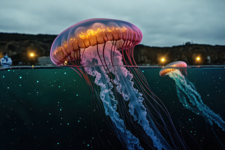 Two vibrant jellyfish glide through clear water as twilight casts a soft glow across the scene.の写真素材