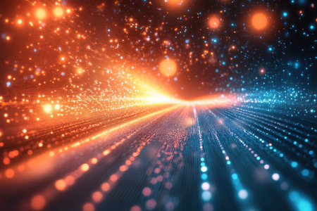 A stunning array of glowing particles forms a mesmerizing abstract pattern in dark space.の写真素材