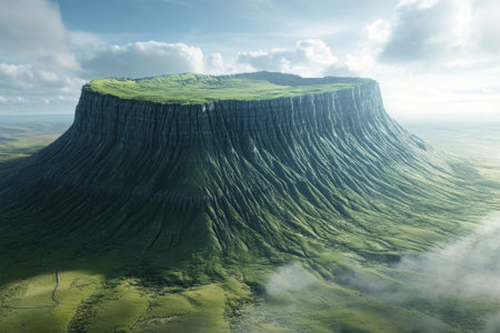 A stunning flat-topped mountain towers over vibrant greenery, showcasing nature's beauty under a clear sky.の写真素材