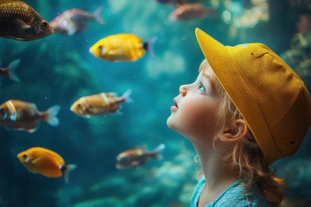 A young child in a yellow cap enjoys watching colorful fish swim in an aquarium filled with vibrant marine life.の写真素材