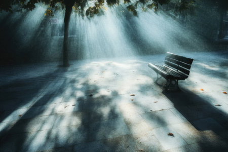 Soft rays of sunlight filter through leaves, casting serene shadows on a park bench in the morning.の写真素材