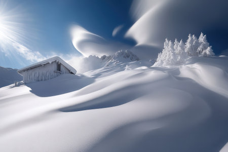 A tranquil winter scene shows a cabin amidst deep snow and frosty trees under swirling clouds.の写真素材