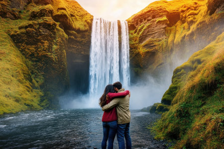 A couple shares a warm embrace in front of the stunning Seljalandsfoss waterfall, illuminated by sunset.の写真素材