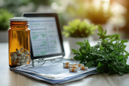 A healthcare professional examines patient medication alongside herbal plants and a digital device for information.の写真素材