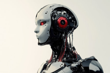 A humanoid robot stands still, showing its complex internal mechanics and bright red glowing eyes.の写真素材