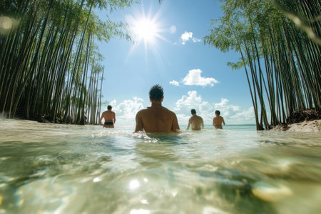 Four friends wade through clear water on a bright day, with bamboo trees framing the background.の写真素材