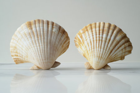 Two beautiful seashells showcase their distinct patterns and textures, elegantly placed on a smooth surface.の写真素材