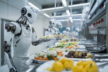 Robots assemble and serve various dishes in a high-tech kitchen while preparing for a busy lunch shift.の写真素材