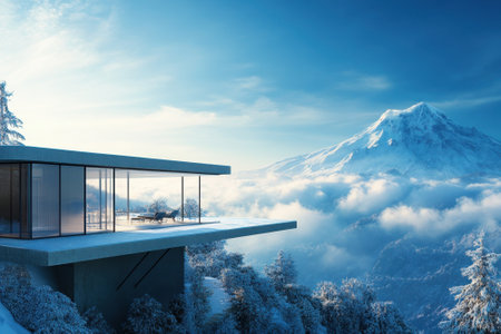 Sleek architecture stands atop snowy mountains, framed by untouched clouds and a majestic peak in the distance.の写真素材